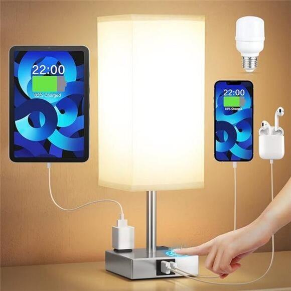 Touch control bedside lamp with USB C charging ports AC outlets dimmable light - Picture 7 of 7